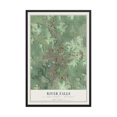 Map of River Falls, St. Croix County, Wisconsin, 12 x 18 inch print in a black wood frame