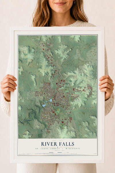 Map of River Falls, St. Croix County, Wisconsin, 18 x 24 inch print in a white wood frame