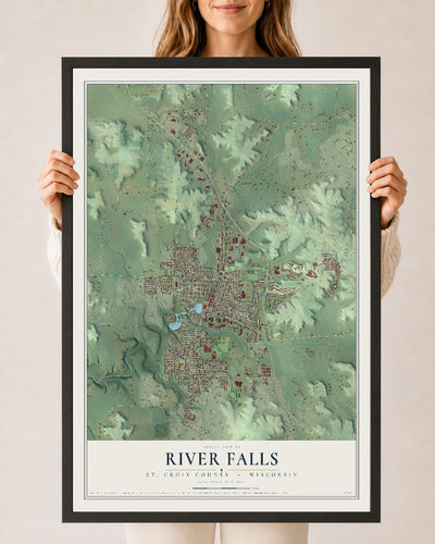 Map of River Falls, St. Croix County, Wisconsin, 24 x 36 inch print in a black wood frame