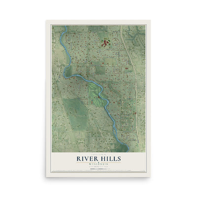 Map of River Hills, Wisconsin, 12 x 18 inch unframed archival matte print