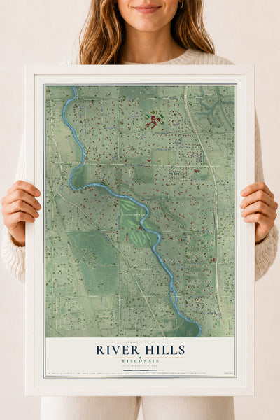 Map of River Hills, Wisconsin, 18 x 24 inch print in a white wood frame