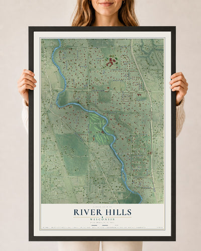 Map of River Hills, Wisconsin, 24 x 36 inch print in a black wood frame