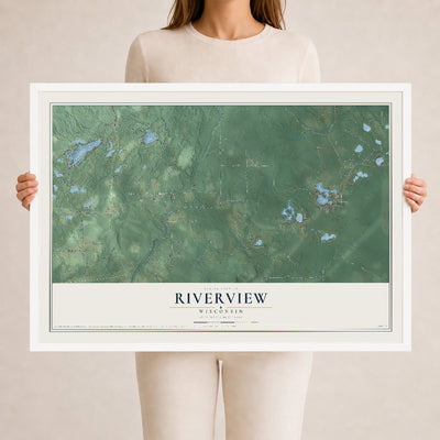 Map of Riverview, Wisconsin, 24 x 36 inch print in a white wood frame