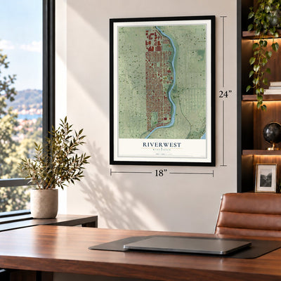 Riverwest, Wisconsin map, 18 x 24 inch print in a black frame in a home office