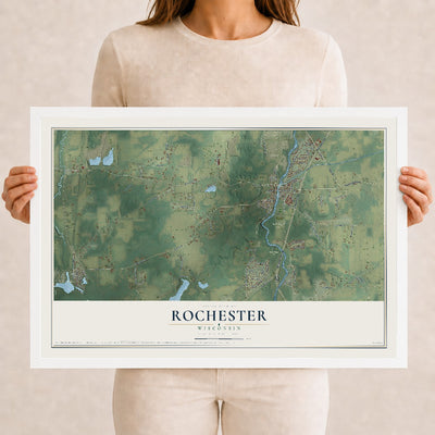 Map of Rochester, Wisconsin, 12 x 18 inch print in a white wood frame
