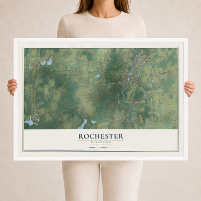 Map of Rochester, Wisconsin, 24 x 36 inch print in a white wood frame