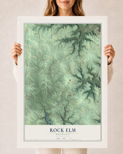Map of Rock Elm, Wisconsin, 24 x 36 inch print in a white wood frame