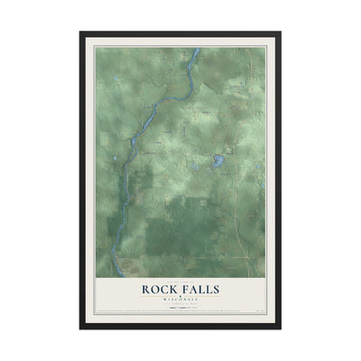 Map of Rock Falls, Wisconsin, 12 x 18 inch print in a black wood frame