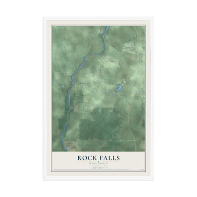 Map of Rock Falls, Wisconsin, 12 x 18 inch print in a white wood frame