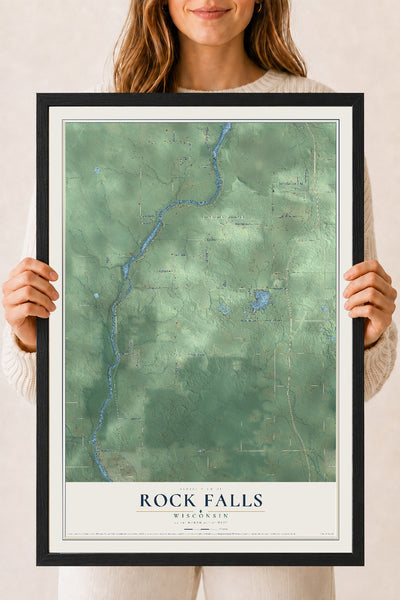 Map of Rock Falls, Wisconsin, 18 x 24 inch print in a black wood frame