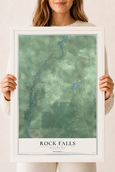 Map of Rock Falls, Wisconsin, 18 x 24 inch print in a white wood frame