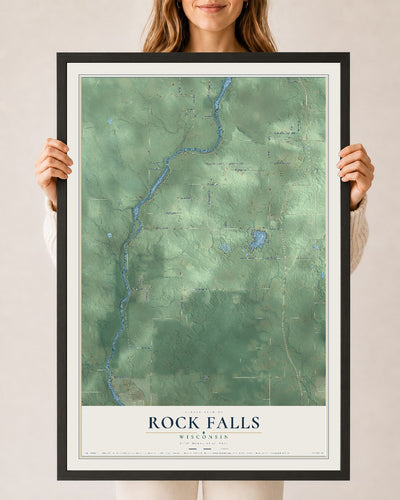 Map of Rock Falls, Wisconsin, 24 x 36 inch print in a black wood frame