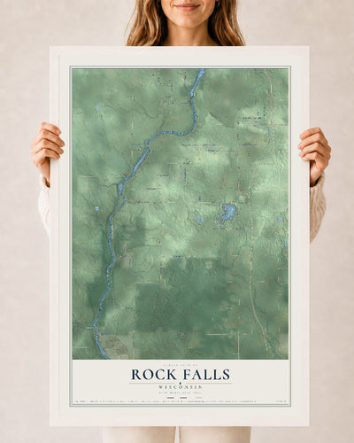 Map of Rock Falls, Wisconsin, 24 x 36 inch print in a white wood frame