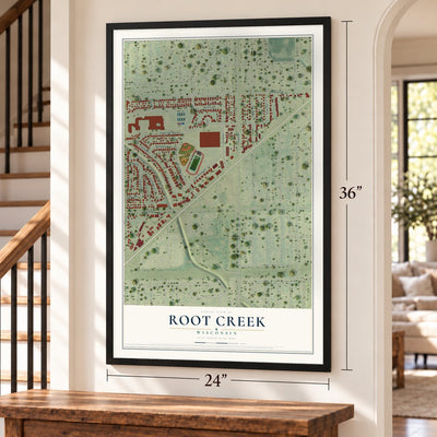 Root Creek, Wisconsin map, 24 x 36 inch print in a black frame by a staircase
