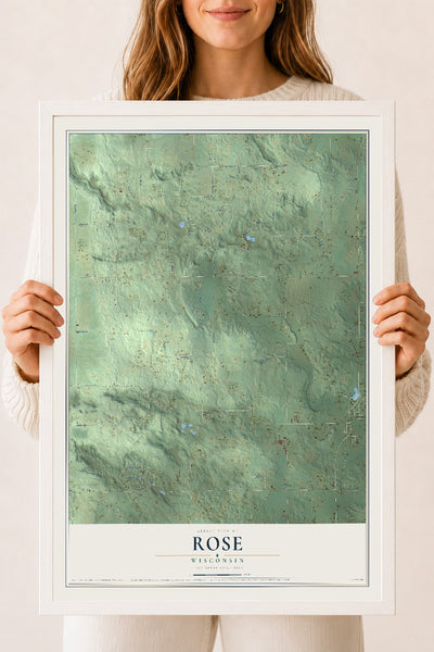 Map of Rose, Wisconsin, 18 x 24 inch print in a white wood frame