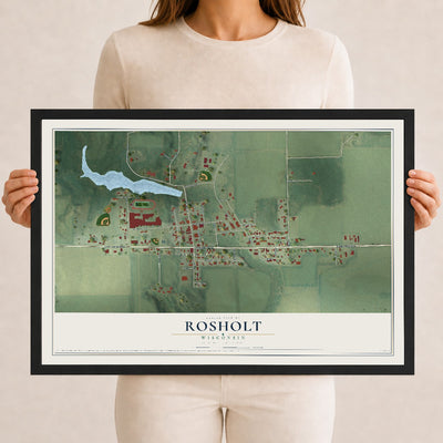 Map of Rosholt, Wisconsin, 12 x 18 inch print in a black wood frame