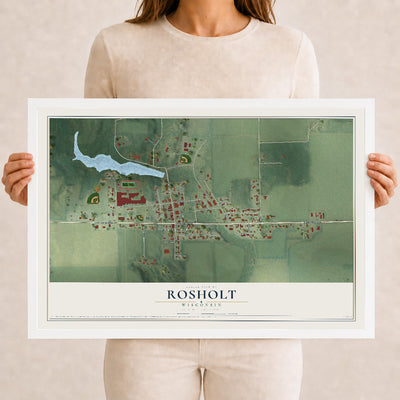 Map of Rosholt, Wisconsin, 12 x 18 inch print in a white wood frame