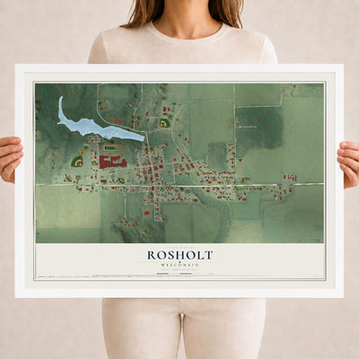 Map of Rosholt, Wisconsin, 18 x 24 inch print in a white wood frame