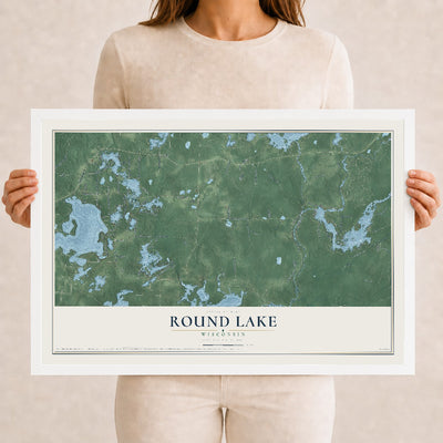 Map of Round Lake, Wisconsin, 12 x 18 inch print in a white wood frame