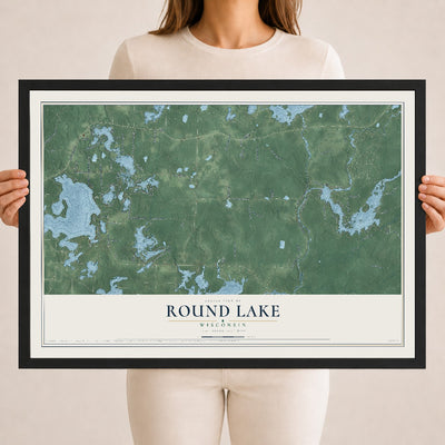 Map of Round Lake, Wisconsin, 18 x 24 inch print in a black wood frame