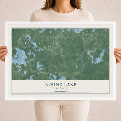 Map of Round Lake, Wisconsin, 18 x 24 inch print in a white wood frame