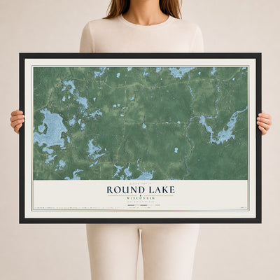 Map of Round Lake, Wisconsin, 24 x 36 inch print in a black wood frame