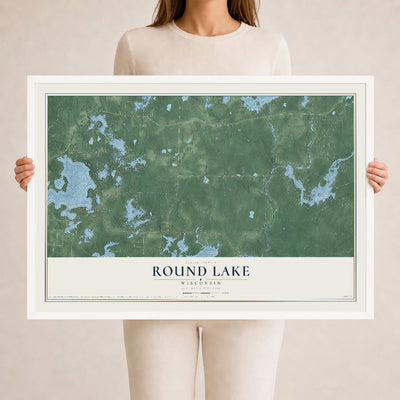Map of Round Lake, Wisconsin, 24 x 36 inch print in a white wood frame