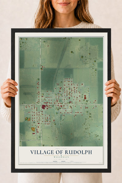 Map of Rudolph, Wisconsin, 18 x 24 inch print in a black wood frame