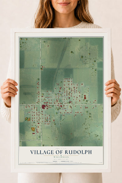 Map of Rudolph, Wisconsin, 18 x 24 inch print in a white wood frame