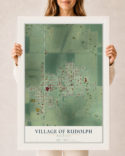 Map of Rudolph, Wisconsin, 24 x 36 inch print in a white wood frame