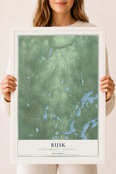 Map of Rusk, Rusk County, Wisconsin, 18 x 24 inch print in a white wood frame