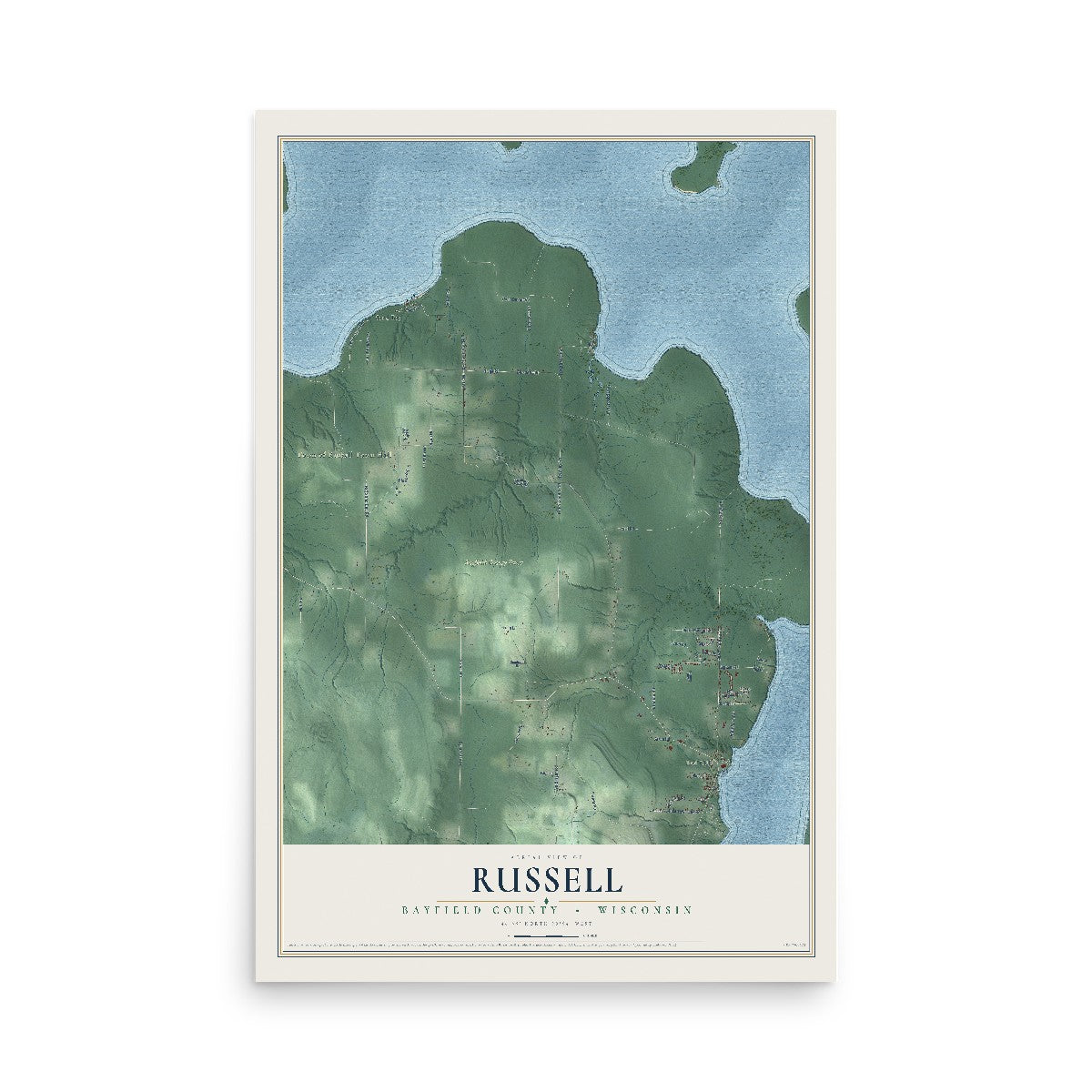 Map of Russell, Bayfield County, Wisconsin, 12 x 18 inch unframed archival matte print