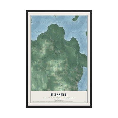 Map of Russell, Bayfield County, Wisconsin, 12 x 18 inch print in a black wood frame