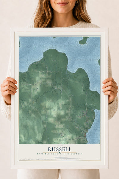 Map of Russell, Bayfield County, Wisconsin, 18 x 24 inch print in a white wood frame