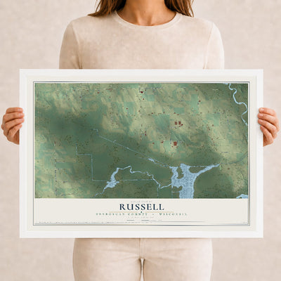 Map of Russell, Sheboygan County, Wisconsin, 12 x 18 inch print in a white wood frame