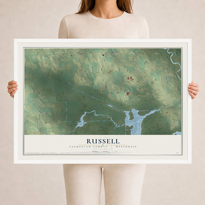 Map of Russell, Sheboygan County, Wisconsin, 24 x 36 inch print in a white wood frame