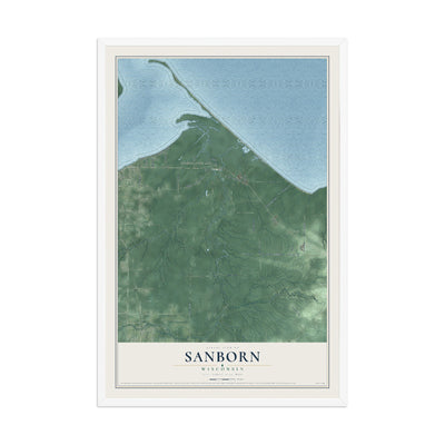Map of Sanborn, Wisconsin, 12 x 18 inch print in a white wood frame