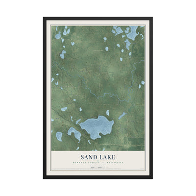 Map of Sand Lake, Burnett County, Wisconsin, 12 x 18 inch print in a black wood frame