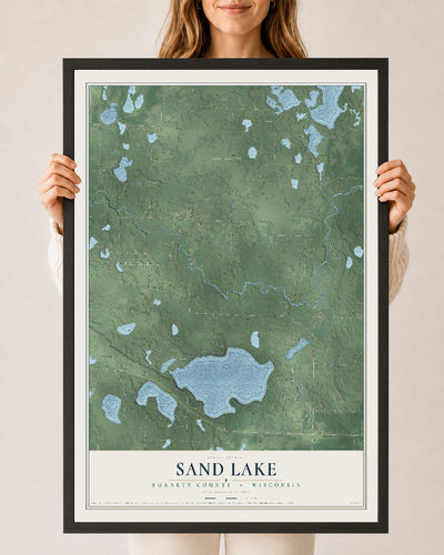 Map of Sand Lake, Burnett County, Wisconsin, 24 x 36 inch print in a black wood frame