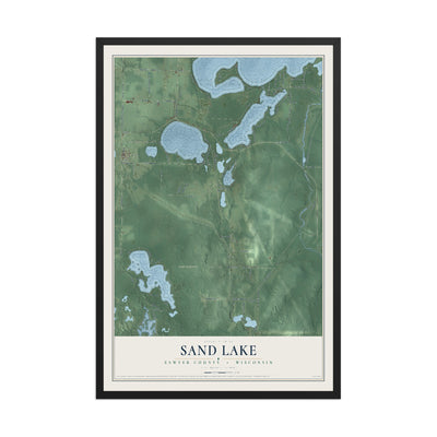 Map of Sand Lake, Sawyer County, Wisconsin, 12 x 18 inch print in a black wood frame