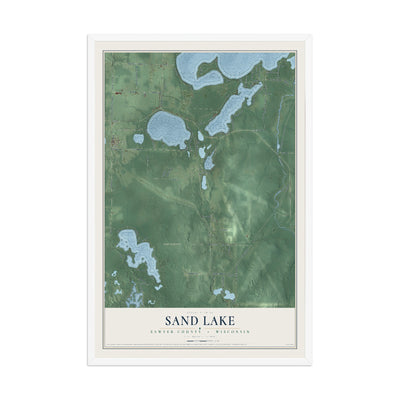 Map of Sand Lake, Sawyer County, Wisconsin, 12 x 18 inch print in a white wood frame