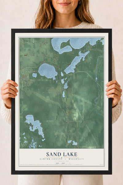 Map of Sand Lake, Sawyer County, Wisconsin, 18 x 24 inch print in a black wood frame