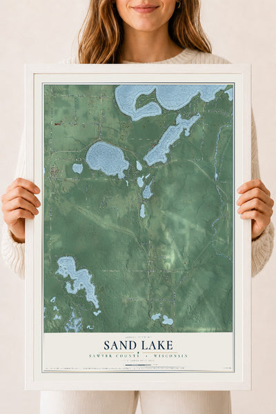 Map of Sand Lake, Sawyer County, Wisconsin, 18 x 24 inch print in a white wood frame