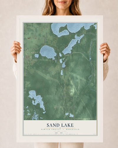 Map of Sand Lake, Sawyer County, Wisconsin, 24 x 36 inch print in a white wood frame