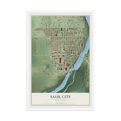 Map of Sauk City, Wisconsin, 12 x 18 inch print in a white wood frame