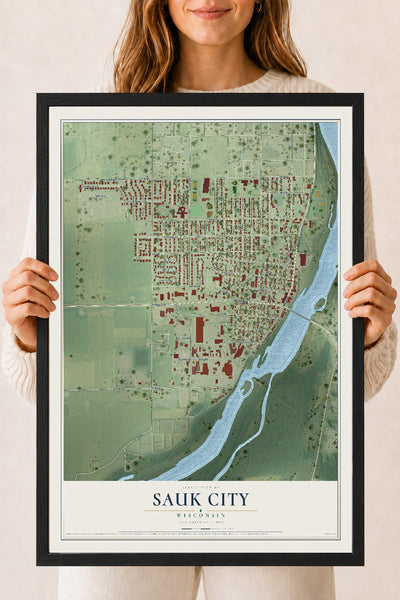 Map of Sauk City, Wisconsin, 18 x 24 inch print in a black wood frame