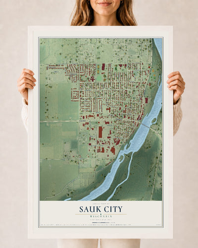 Map of Sauk City, Wisconsin, 24 x 36 inch print in a white wood frame