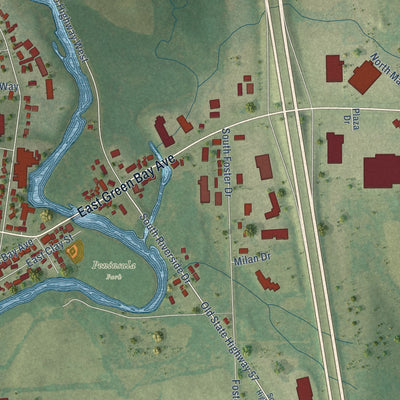 Second close-up of the map of Saukville, Wisconsin print showing more streets and buildings
