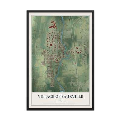 Map of Saukville, Wisconsin, 12 x 18 inch print in a black wood frame