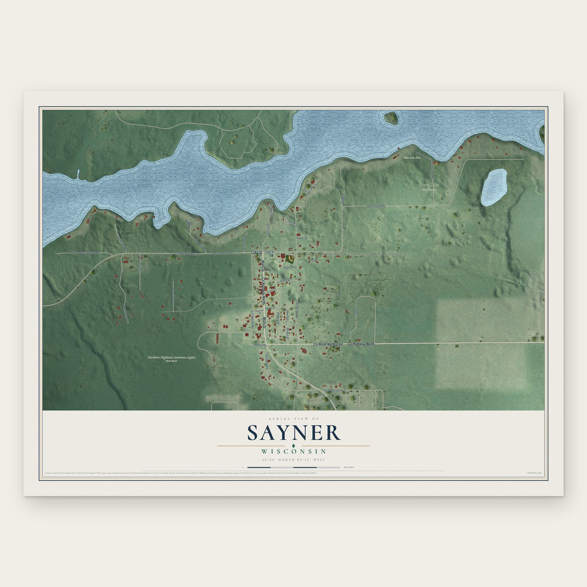 Sayner, Wisconsin map print, the full design